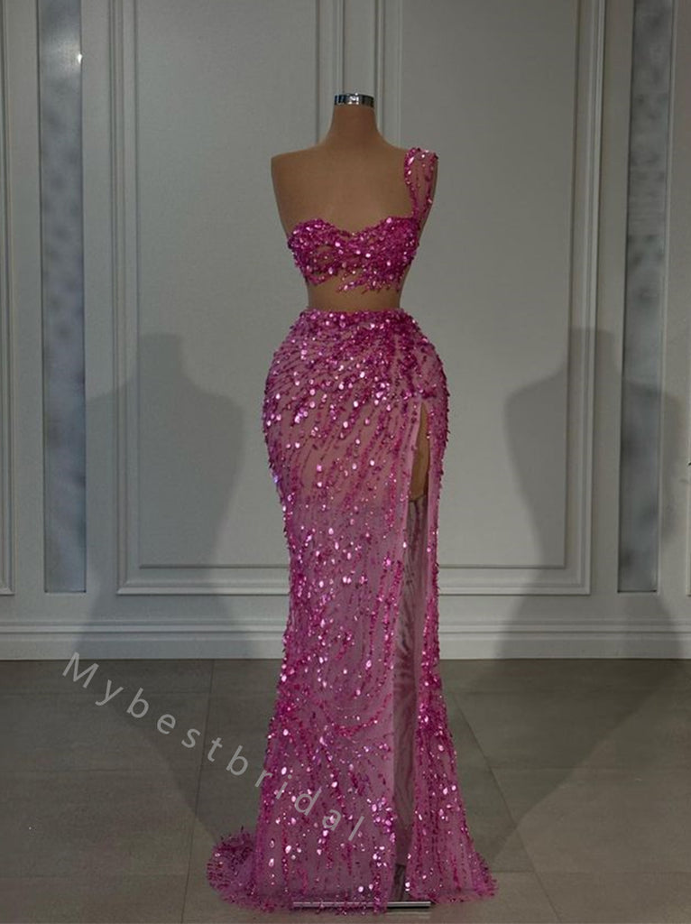 Sexy One shoulder Side slit Two pieces Mermaid Long Floor Length Prom Dress,PDS11464