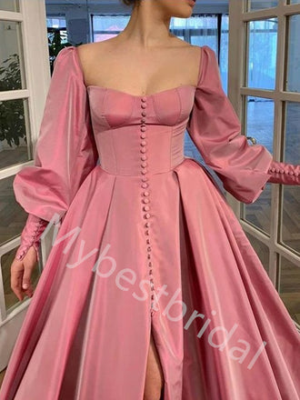 Elegant Square Long sleeves Side slit A-line Long Prom Dress,PDS1087