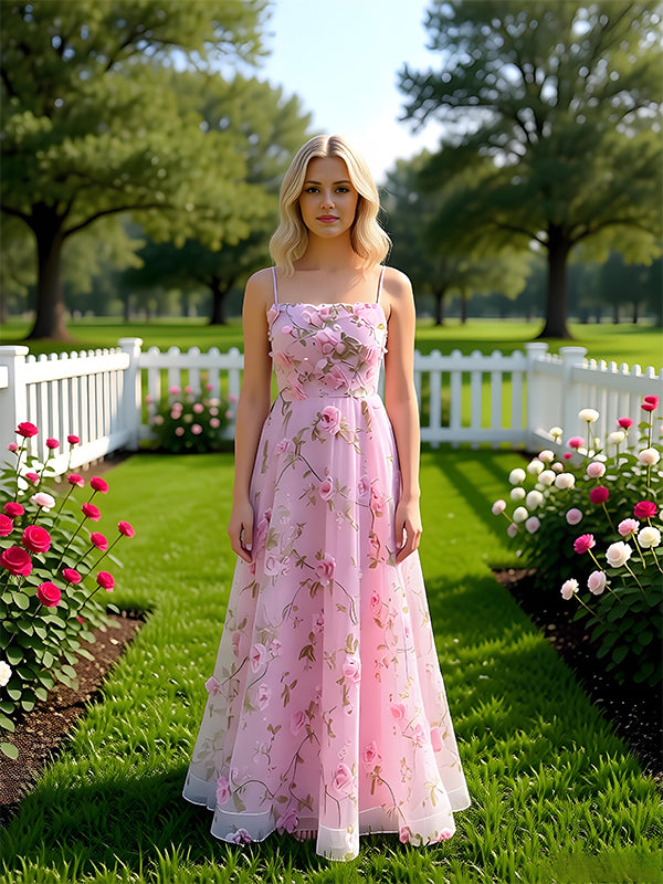 Cute Pink Square Neckline Sleeveless Tulle A-Line Long Prom Party Dress,PDS11844