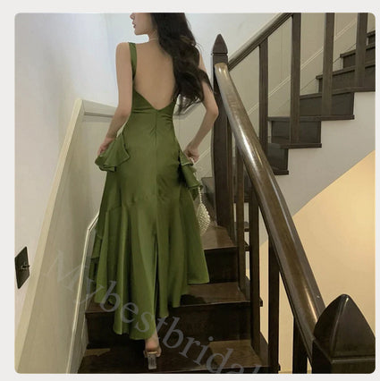Elegant Square Sleeveless A-line Side slit Long Floor Length Prom Dress,PDS11456