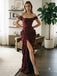 Sophisticated Wine Red Jacquard Off Shoulder Draped Slit Mermaid Party Dress,PDS118748