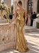 Stunning Gold Square Neck Ruched Satin Mermaid Long Prom Party Dress,PDS118795