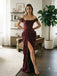 Sophisticated Wine Red Jacquard Off Shoulder Draped Slit Mermaid Party Dress,PDS118748