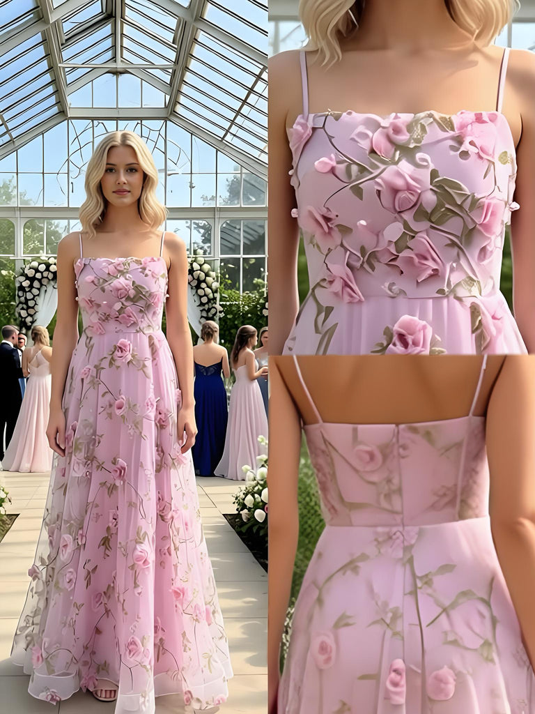 Cute Pink Square Neckline Sleeveless Tulle A-Line Long Prom Party Dress,PDS11844