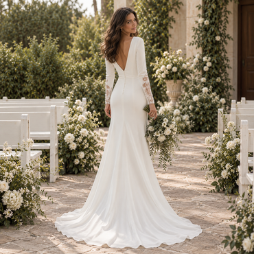 Sleek V Neck Long Sleeves Lace Cuff Side Slit Mermaid Long Wedding Dress, WD0416