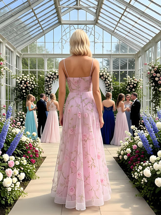 Cute Pink Square Neckline Sleeveless Tulle A-Line Long Prom Party Dress,PDS11844
