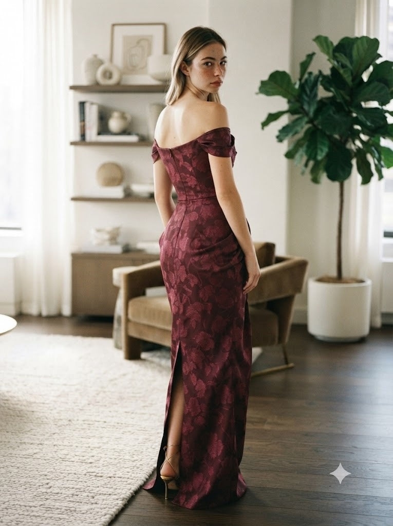Sophisticated Wine Red Jacquard Off Shoulder Draped Slit Mermaid Party Dress,PDS118748