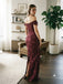 Sophisticated Wine Red Jacquard Off Shoulder Draped Slit Mermaid Party Dress,PDS118748