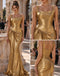 Stunning Gold Square Neck Ruched Satin Mermaid Long Prom Party Dress,PDS118795