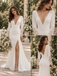 Sleek V Neck Long Sleeves Lace Cuff Side Slit Mermaid Long Wedding Dress, WD0416