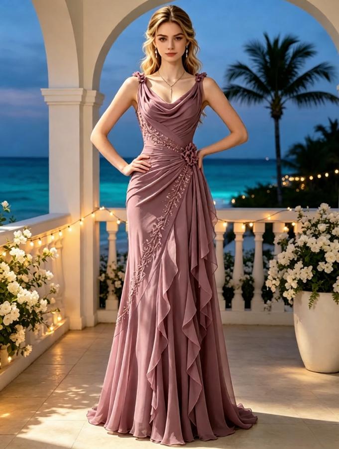 Dusty Mauve Flowy Chiffon Cowl Neck A-Line Prom Gown with Floral Embroidery,PDS118557