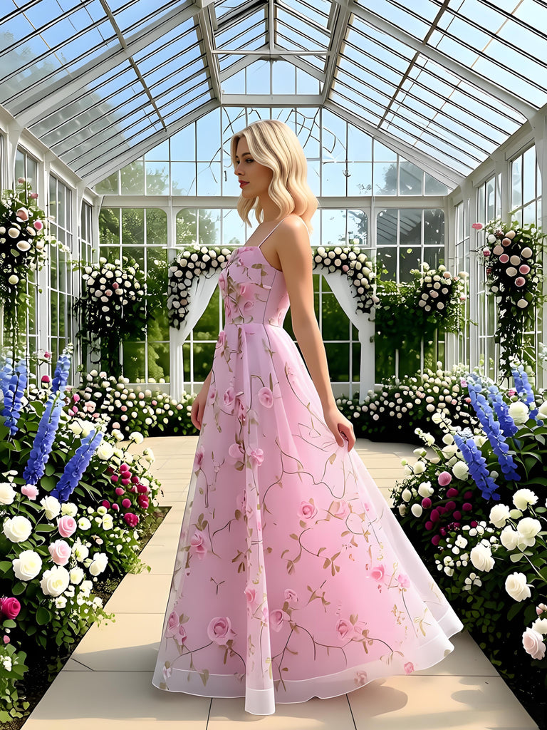 Cute Pink Square Neckline Sleeveless Tulle A-Line Long Prom Party Dress,PDS11844