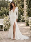 Sleek V Neck Long Sleeves Lace Cuff Side Slit Mermaid Long Wedding Dress, WD0416