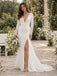 Sleek V Neck Long Sleeves Lace Cuff Side Slit Mermaid Long Wedding Dress, WD0416