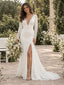 Sleek V Neck Long Sleeves Lace Cuff Side Slit Mermaid Long Wedding Dress, WD0416