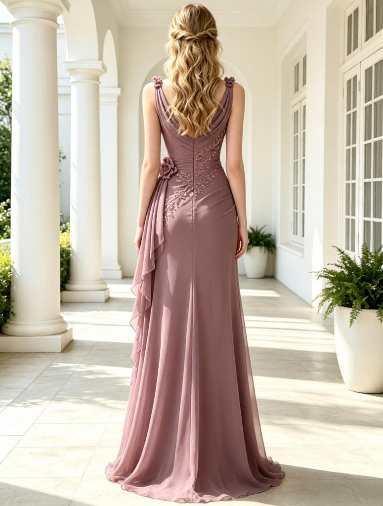 Dusty Mauve Flowy Chiffon Cowl Neck A-Line Prom Gown with Floral Embroidery,PDS118557