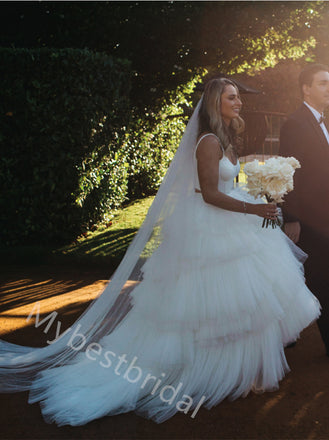 Elegant Spaghetti Straps Sleeveless Ruffle A-line Wedding Dresses, WDY0350