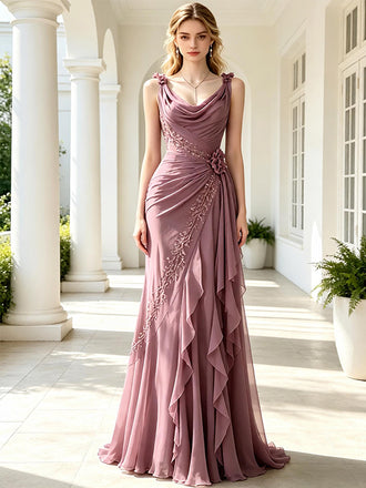 Dusty Mauve Flowy Chiffon Cowl Neck A-Line Prom Gown with Floral Embroidery,PDS118557