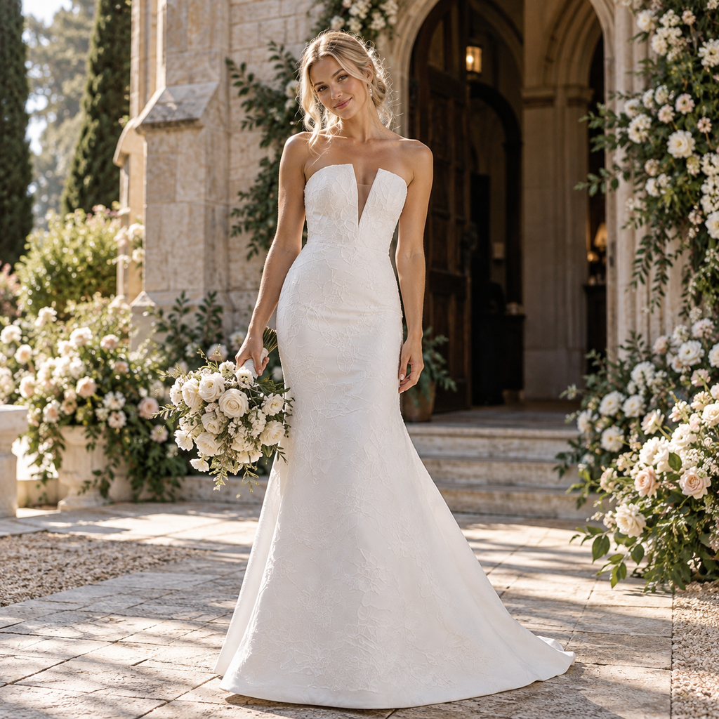 Breathtaking Strapless Notched Textured Lace Mermaid Wedding Dress, WD0417