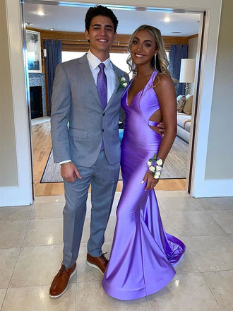 Elegant Purple V-Neck Sleeveless Jersey Mermaid Long Prom Party Dress,PDS11811