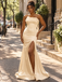 Cream Satin Strapless Ruffled Mermaid Side Slit Long Prom Evening Dress,PDS118799