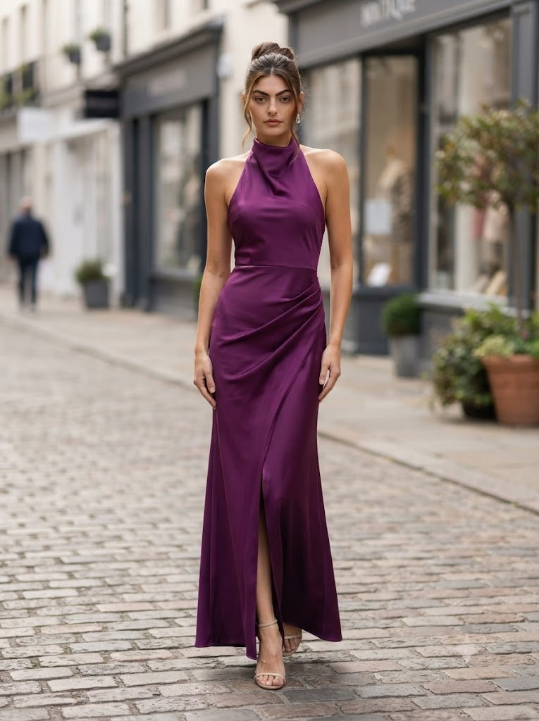 Elegant Satin Halter Neck Ruched High Slit Midi Formal Evening Dress,PDS118729