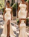 Cream Satin Strapless Ruffled Mermaid Side Slit Long Prom Evening Dress,PDS118799