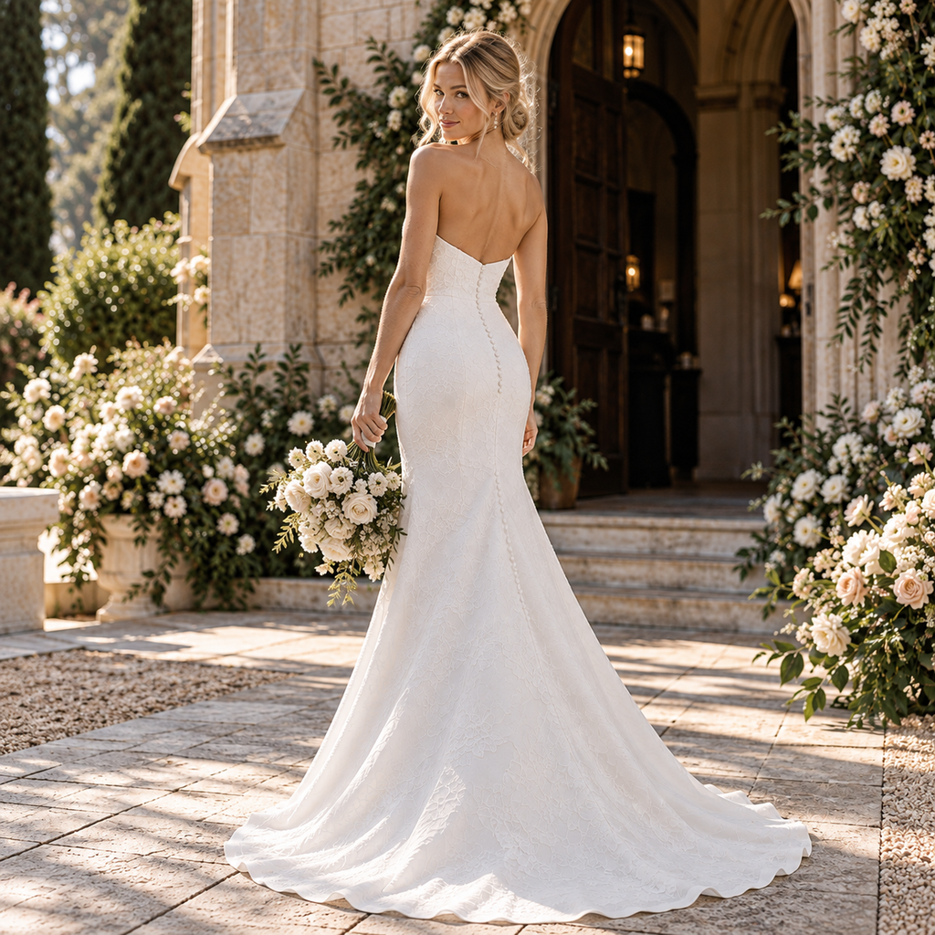 Breathtaking Strapless Notched Textured Lace Mermaid Wedding Dress, WD0417