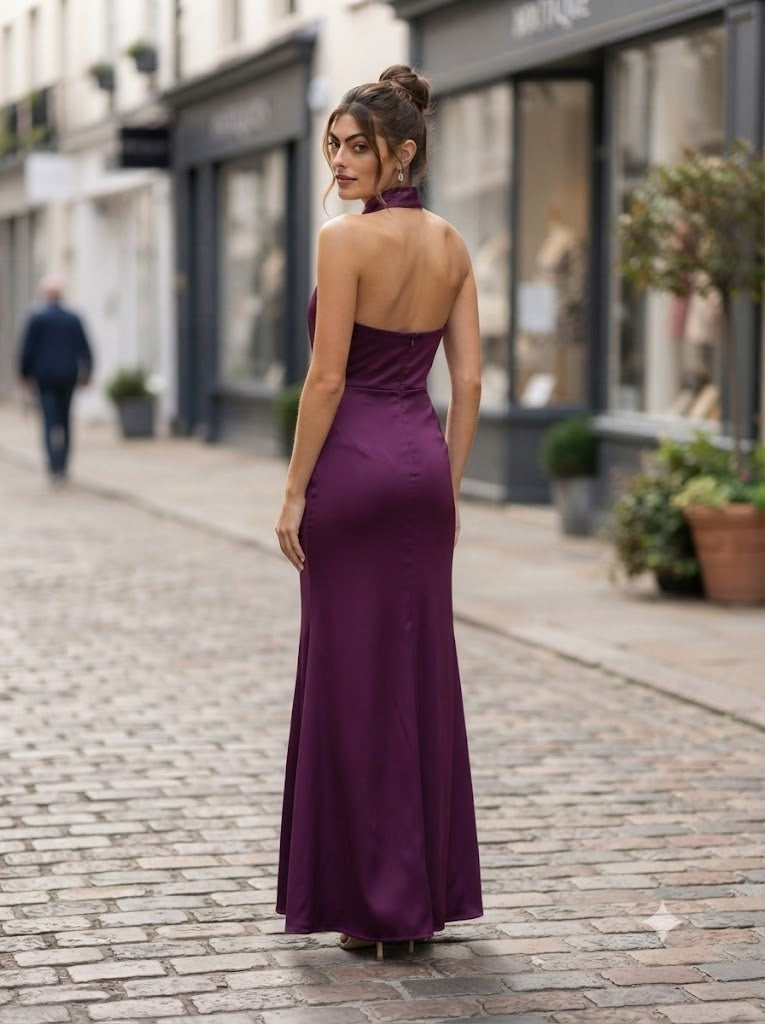 Elegant Satin Halter Neck Ruched High Slit Midi Formal Evening Dress,PDS118729