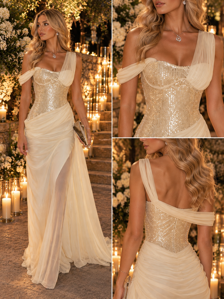 Champagne Sequin Chiffon One Shoulder Mermaid Evening Dress With Side Slit,PDS118558