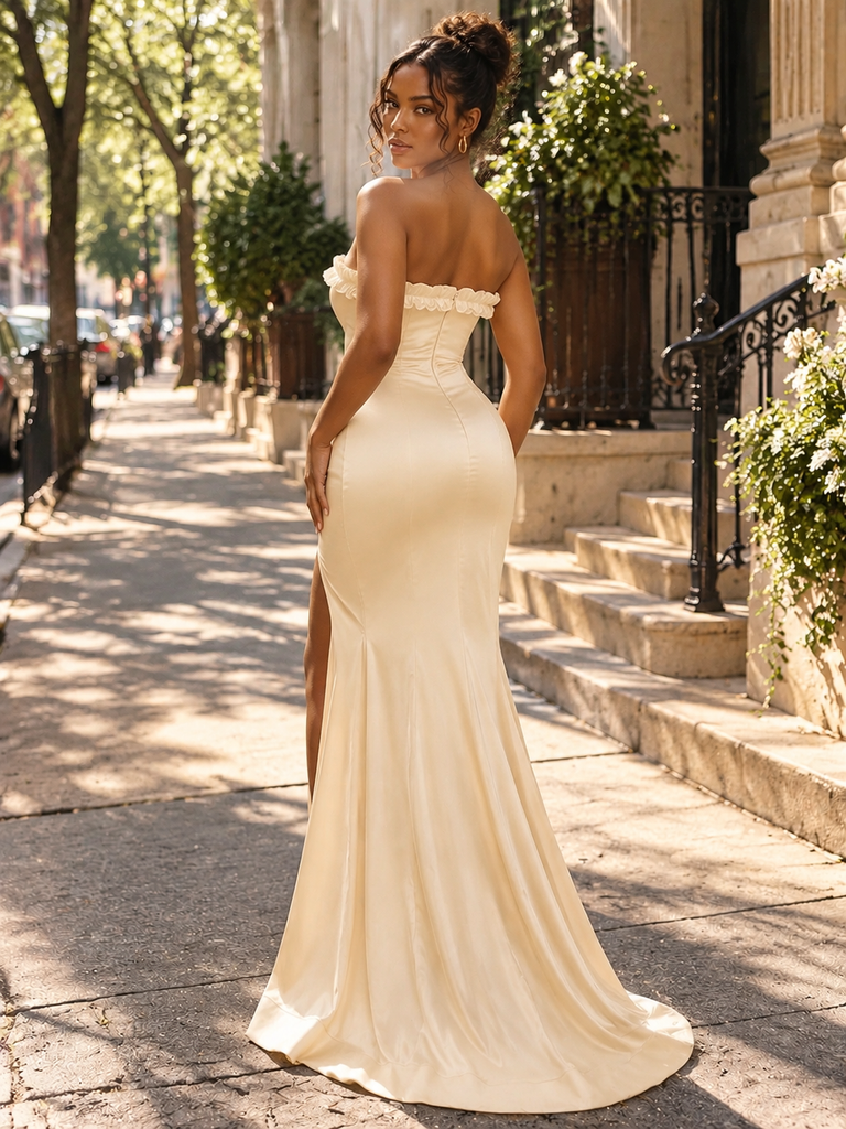 Cream Satin Strapless Ruffled Mermaid Side Slit Long Prom Evening Dress,PDS118799