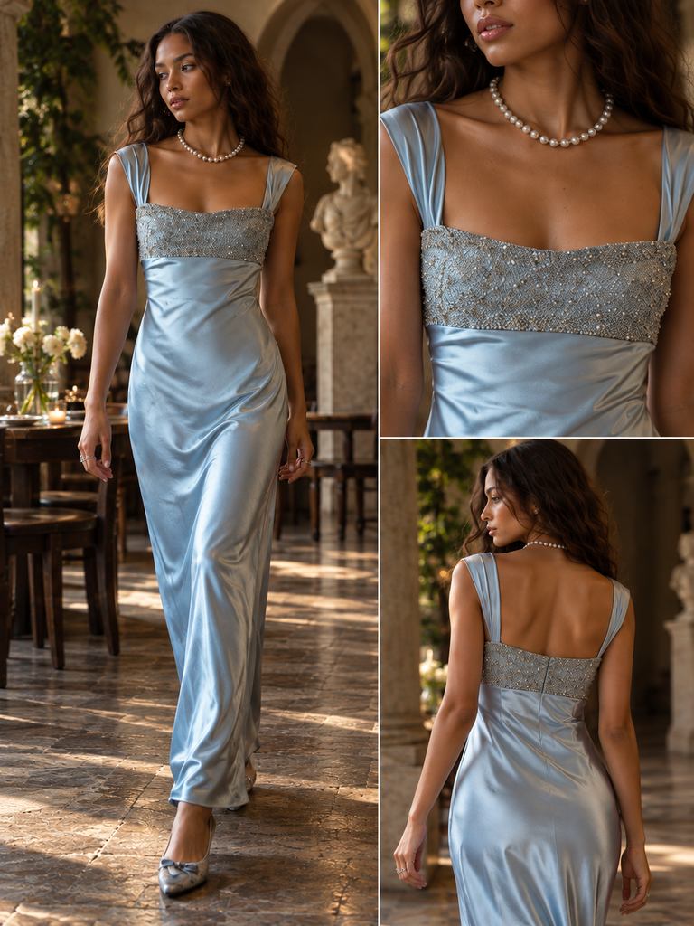 Luxury Beaded Satin Square Neck Mermaid Long Prom Party Dress,PDS118658