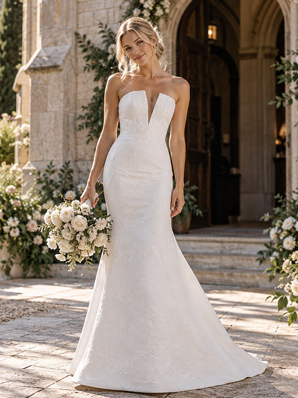 Breathtaking Strapless Notched Textured Lace Mermaid Wedding Dress, WD0417