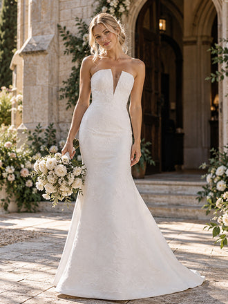 Breathtaking Strapless Notched Textured Lace Mermaid Wedding Dress, WD0417