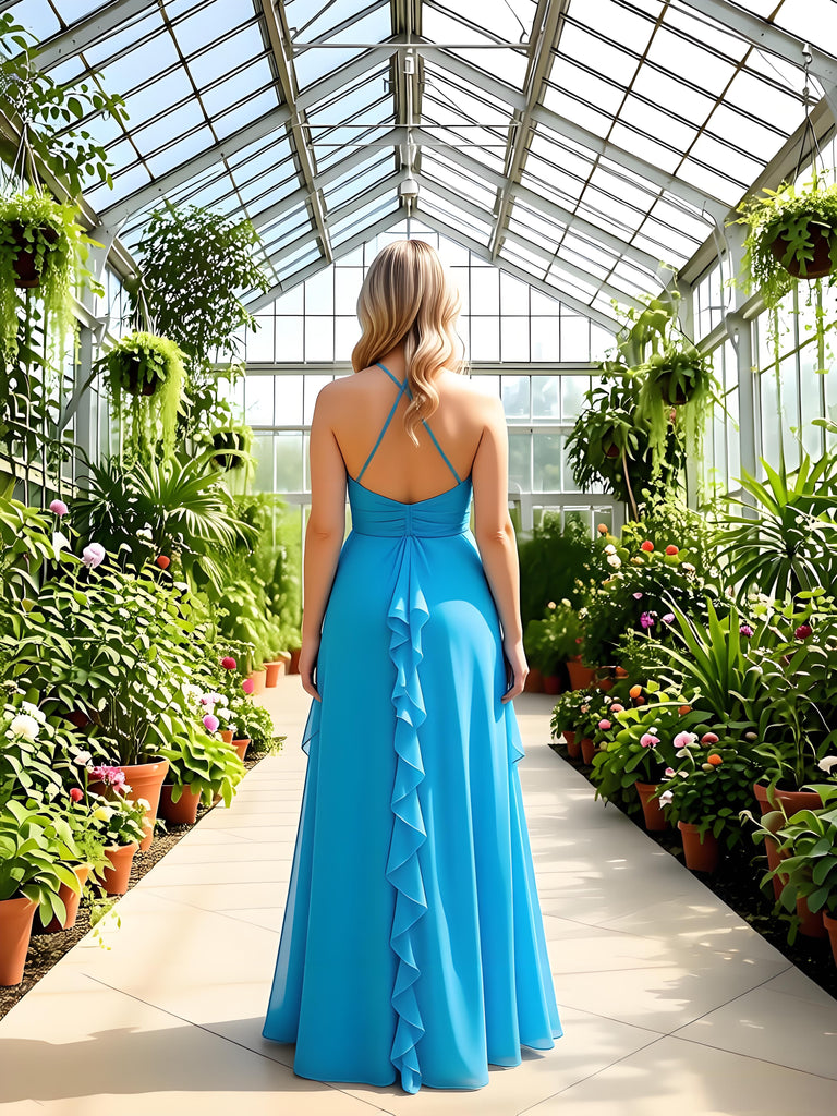 Ocean-Blue Halter Ruffles Sleeveless Chiffon A-Line Long Prom Party Dress,PDS11845
