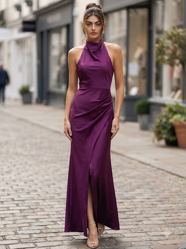 Elegant Satin Halter Neck Ruched High Slit Midi Formal Evening Dress,PDS118729