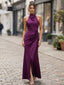 Elegant Satin Halter Neck Ruched High Slit Midi Formal Evening Dress,PDS118729