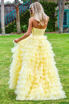 Yellow Elegant Strapless Sleeveless A-line Long Prom Dress,PDS1117