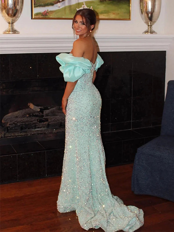 Sparkly Off Shoulder V-Neck SleevelessMermaid Long Prom Party Dress,PDS11764