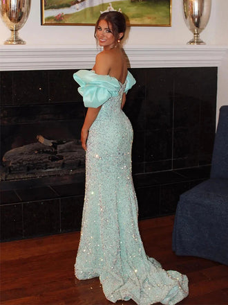 Sparkly Off Shoulder V-Neck SleevelessMermaid Long Prom Party Dress,PDS11764
