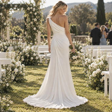 Polished One-Shoulder Draped Chiffon High Slit Wedding Gown, WD0418