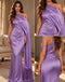 Lavender Satin One Shoulder Draped Fringe Long Formal Party Dress,PDS118800