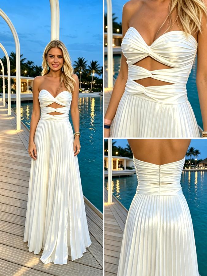 White Pleated Satin Strapless Cutout Maxi Formal Dress With Side Slit,PDS118559