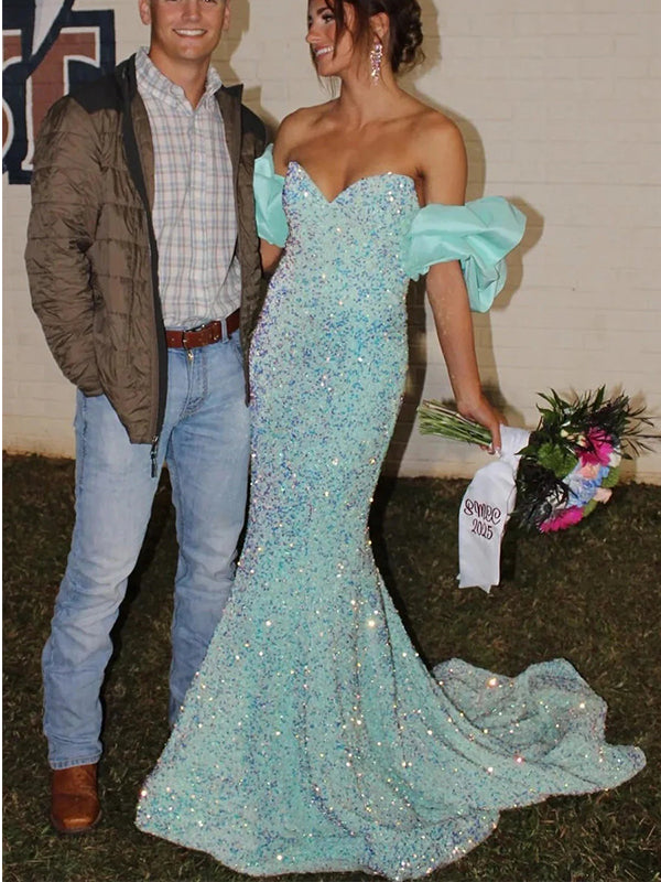 Sparkly Off Shoulder V-Neck SleevelessMermaid Long Prom Party Dress,PDS11764