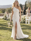 Polished One-Shoulder Draped Chiffon High Slit Wedding Gown, WD0418