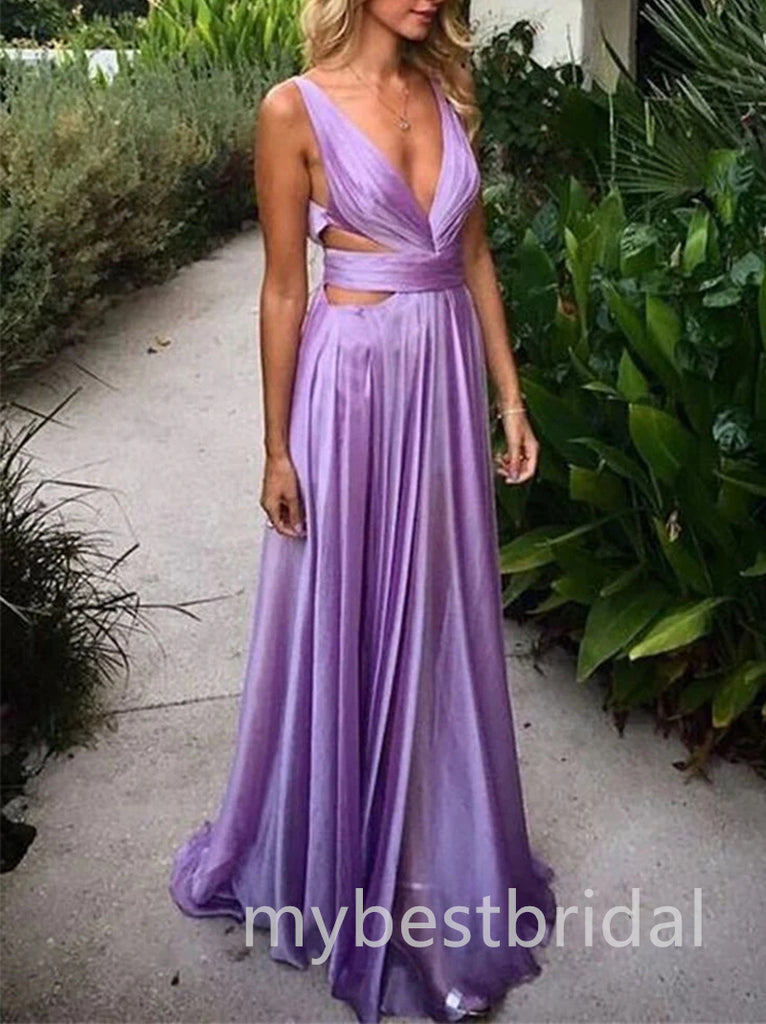 Purple Elegant V-neck Sleeveless A-line Long Prom Dress,PDS11666