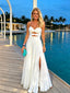 White Pleated Satin Strapless Cutout Maxi Formal Dress With Side Slit,PDS118559