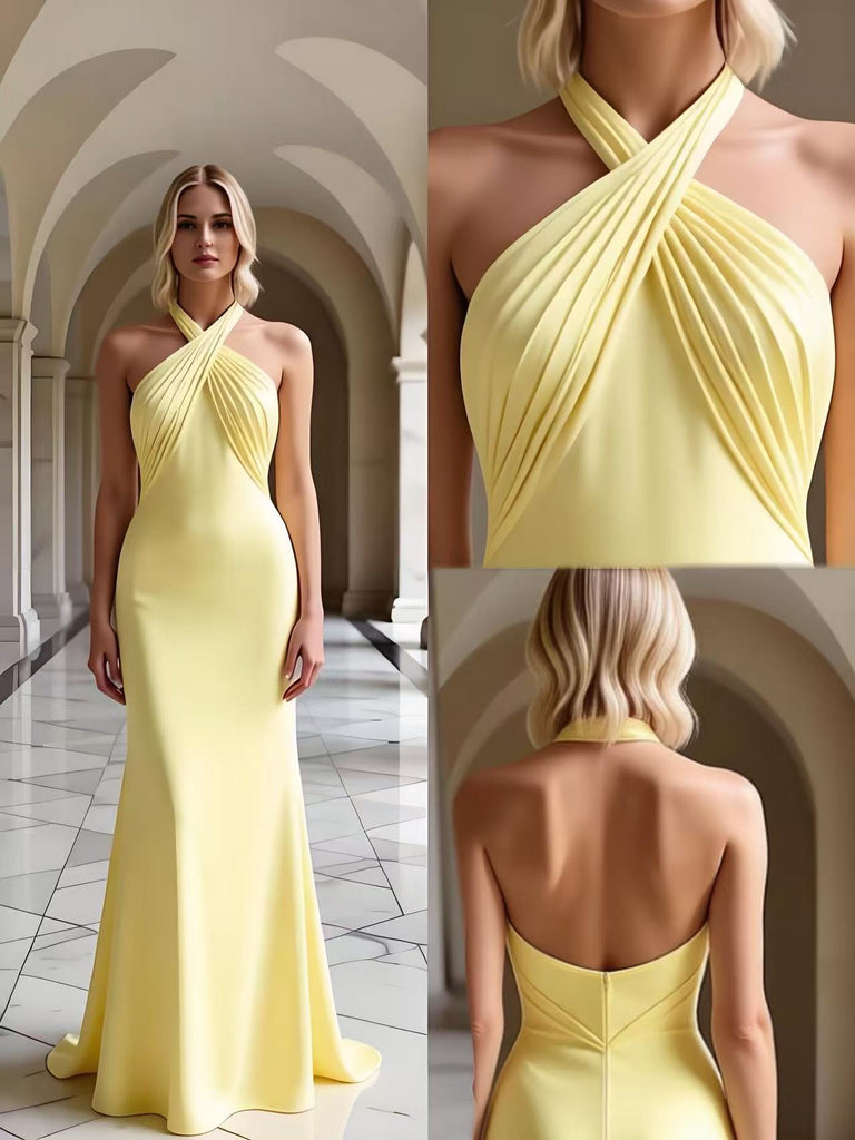Stunning Halter Ruched Sleeveless Satin Mermaid Long Prom Party Dress,PDS11847