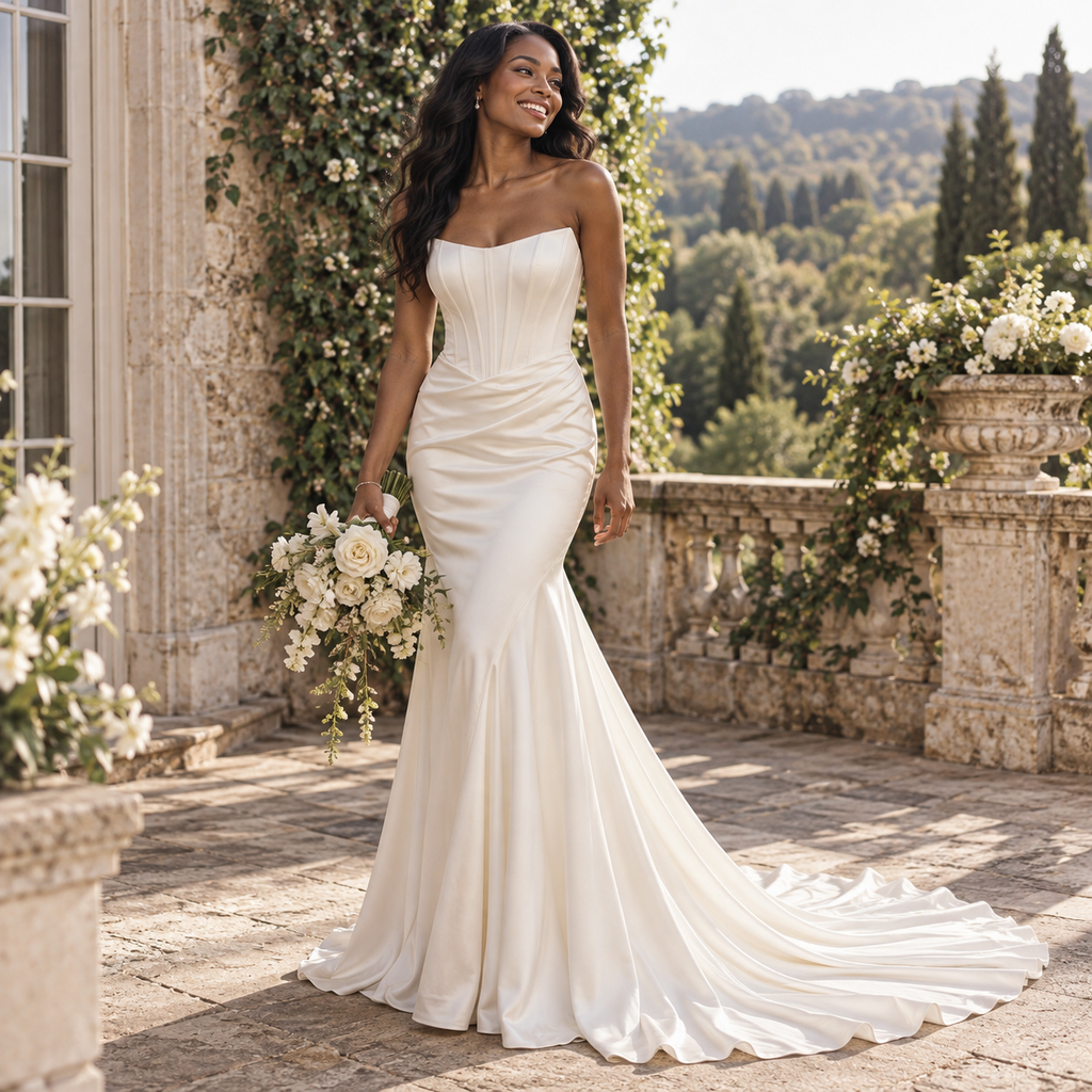 Regal Strapless Corset Draped Satin Long Mermaid Wedding Dress, WD0419