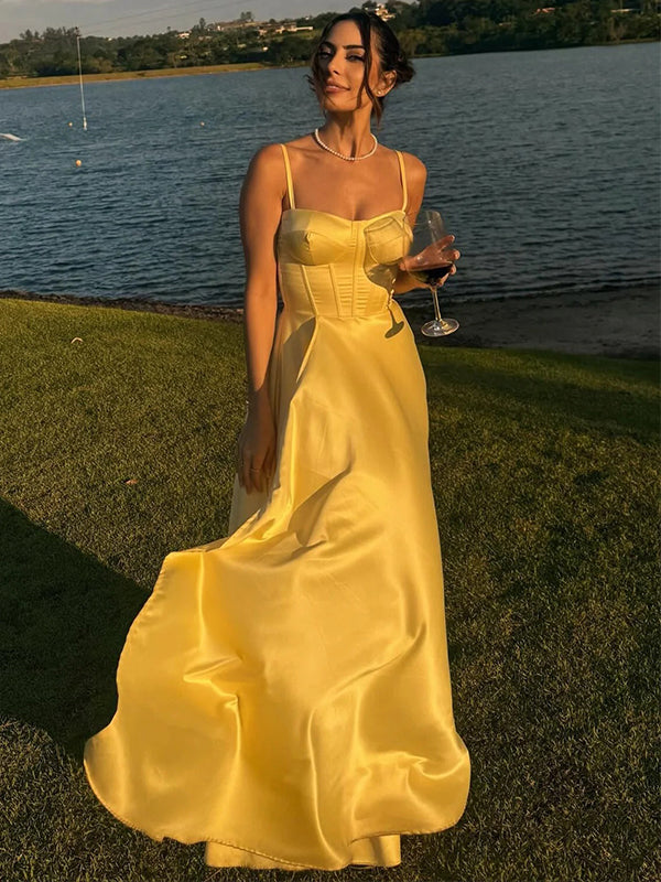 Elegant Yellow Square Neckline Spaghetti Straps Mermaid Long Prom Party Dress,PDS11795